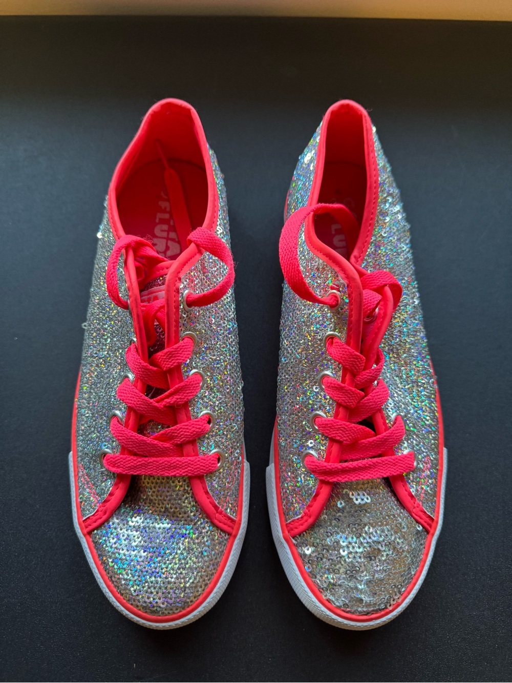 Gotta Flurt Silver Sequin Sneakers with Hot Pink Trim
